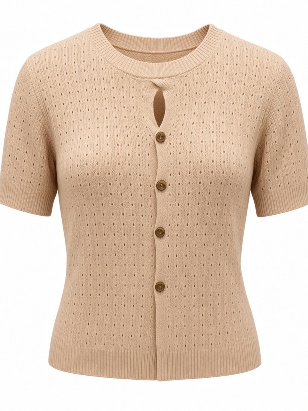 Beige Short-Sleeve Knit Button-Front Sweater